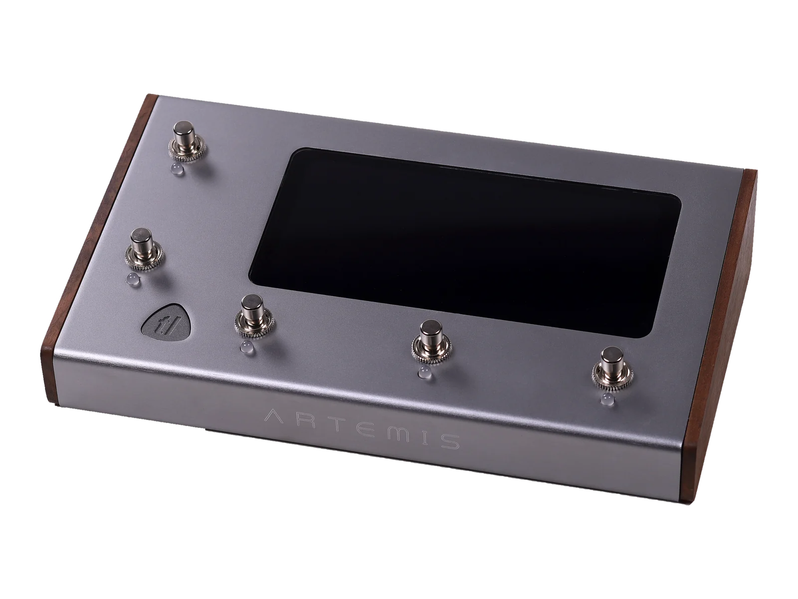 Artemis with its touchscreen, footswitches and walnut side panels