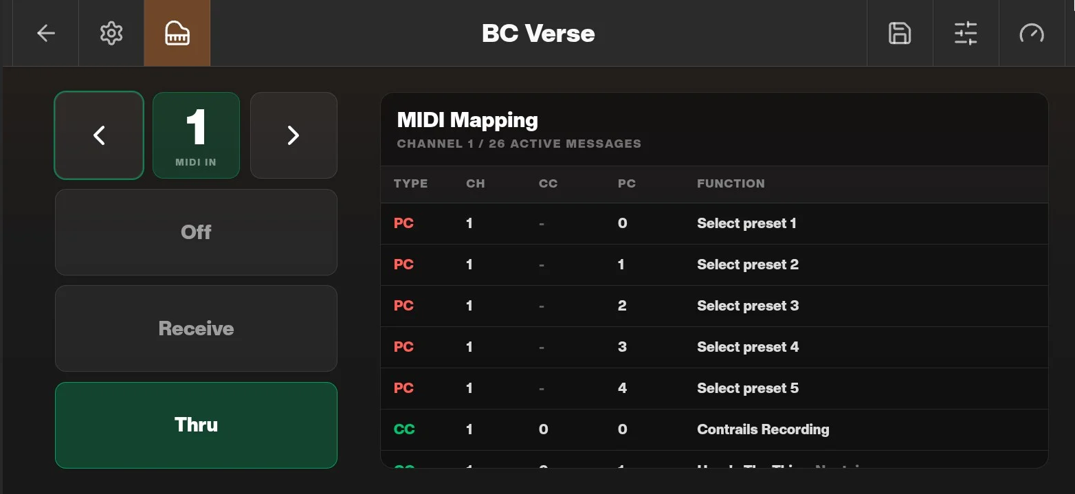 Houston MIDI receive table with available control actions