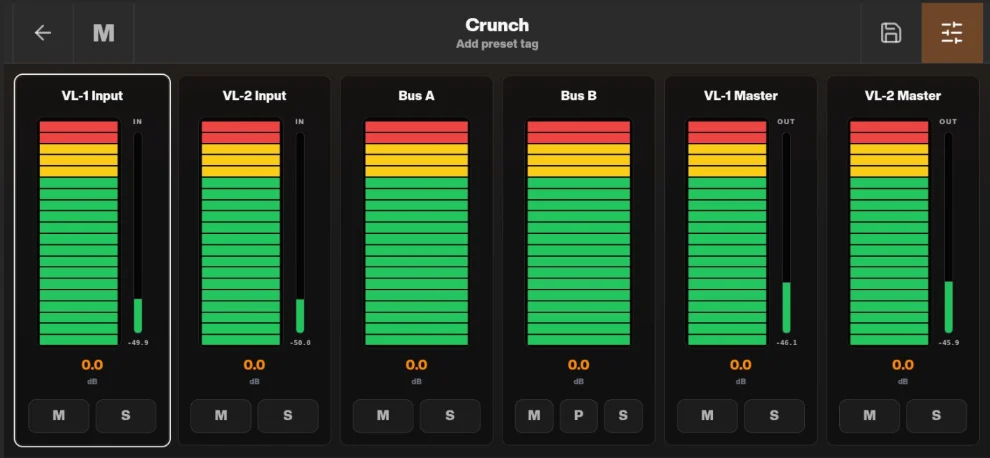 Houston mixer showing input and output audio meters